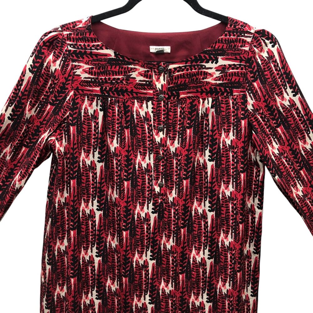 Fossil Womens Red Black Abstract Feather Print Button Front Shift Dress Lined - Picture 2 of 12